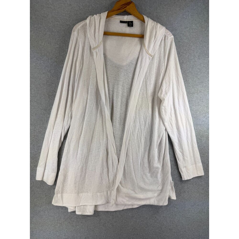 Tahari Women’s 2X White Linen Blend Hooded Open Front Cardigan 3694